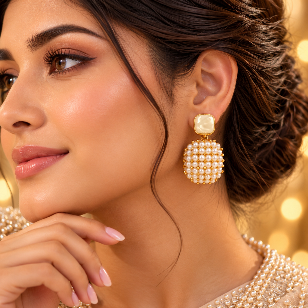 Pearl Beaded Mesh Drop Earrings