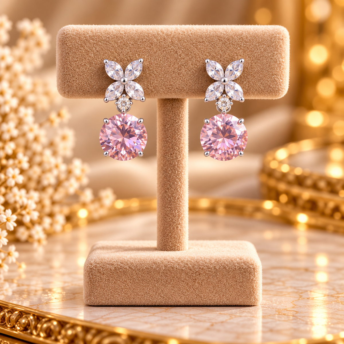 Pink Crystal Butterfly Drop Earrings