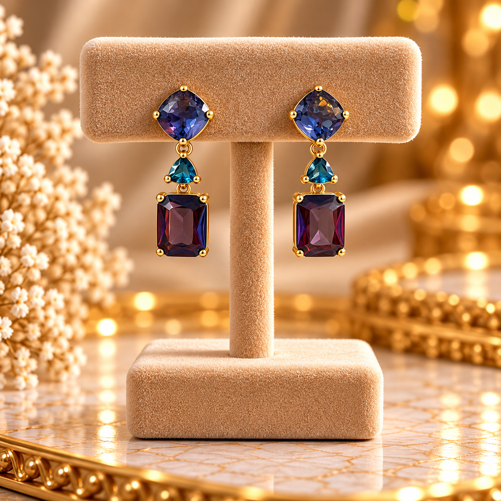 Geometric Jewel-Tone Crystal Drop Earrings
