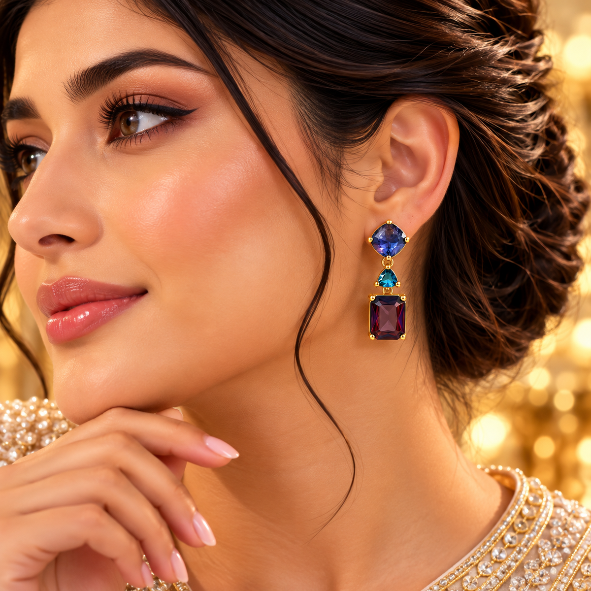 Geometric Jewel-Tone Crystal Drop Earrings