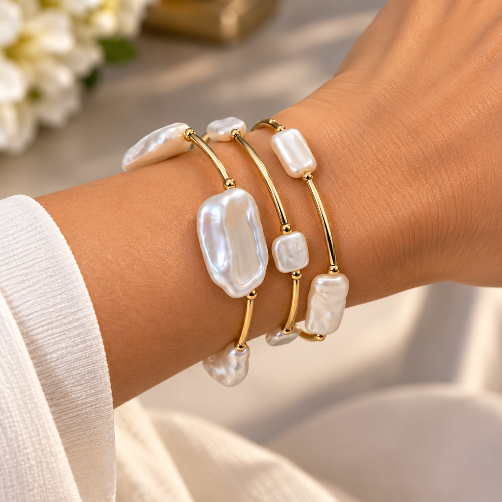 Baroque Pearl & Gold Layered Bangle Set