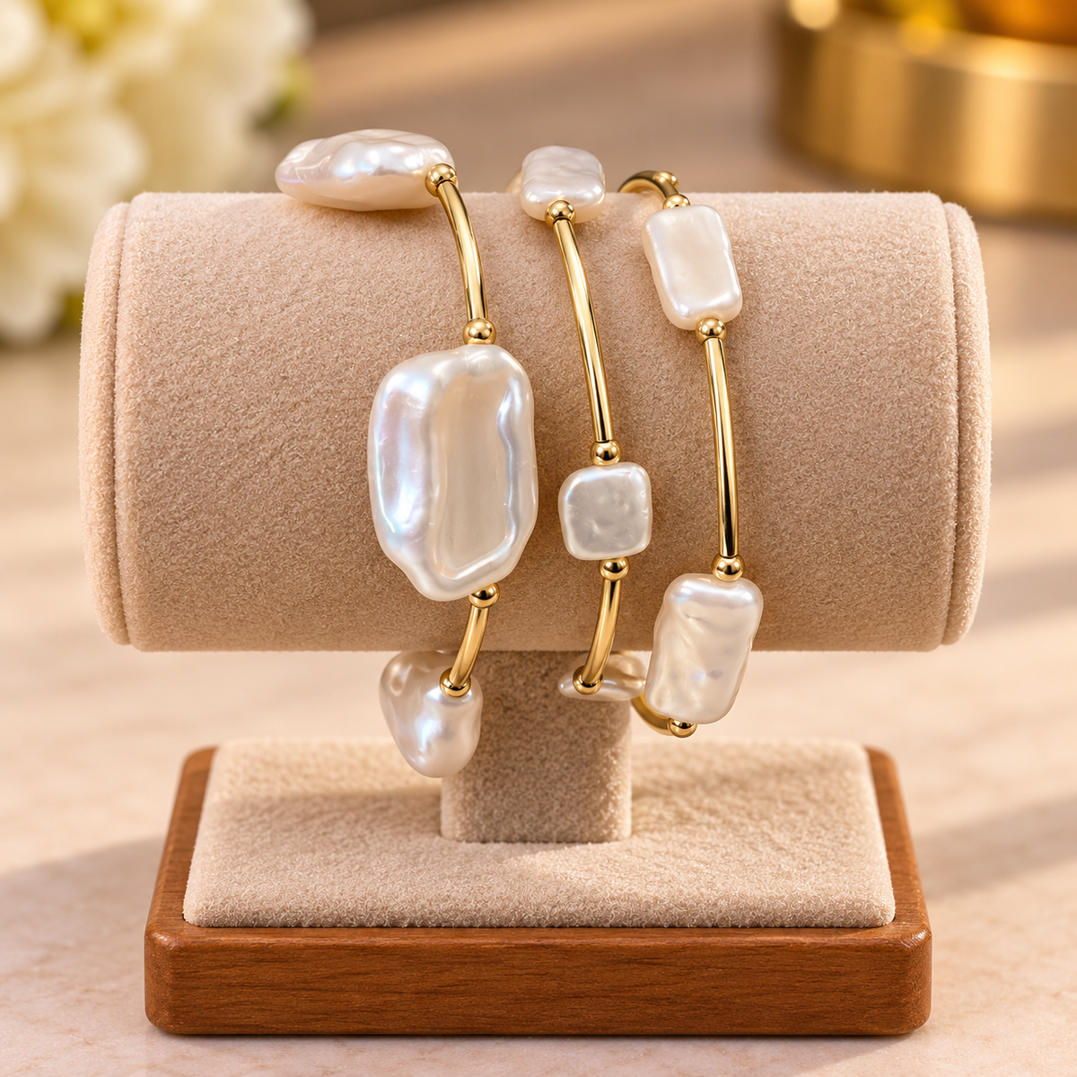 Baroque Pearl & Gold Layered Bangle Set