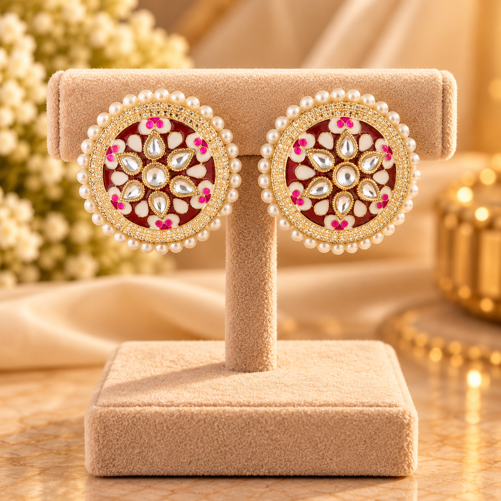 Kundan & Meenakari Pearl Stud Earrings