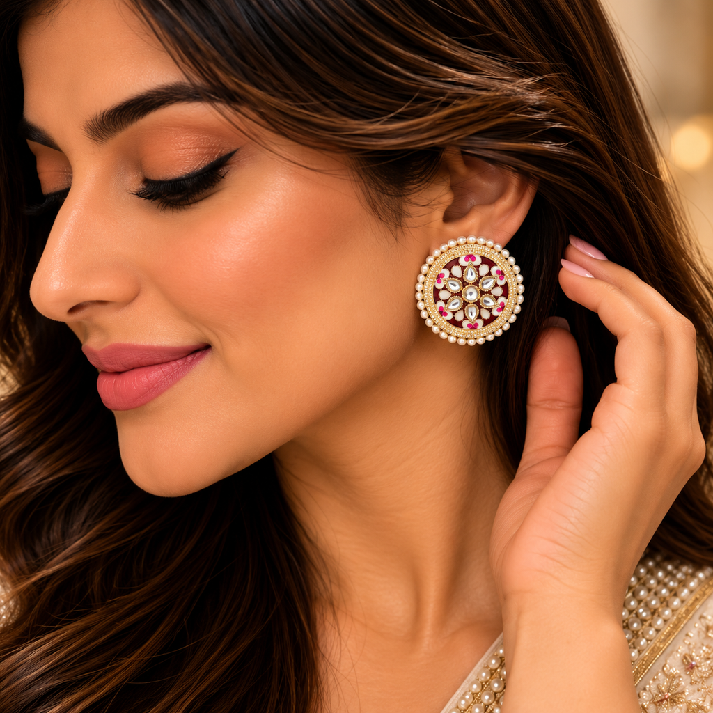 Kundan & Meenakari Pearl Stud Earrings