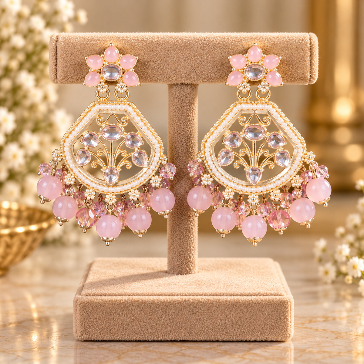 Pink Floral Chandbali Drop Earrings