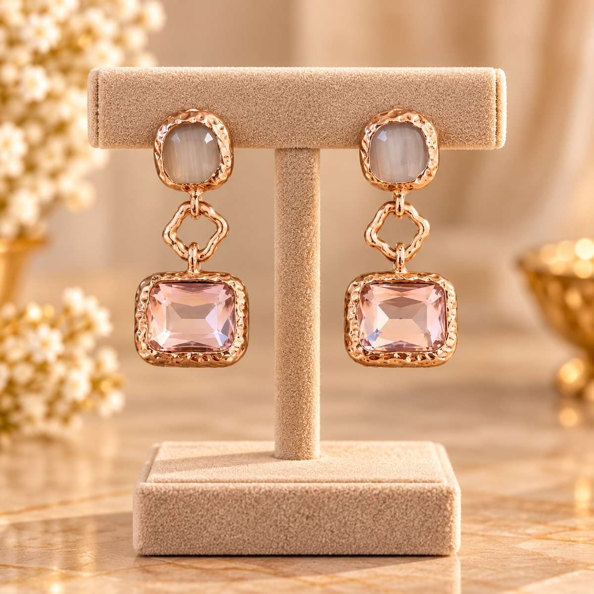 Pink Crystal Hammered Gold Drop Earrings
