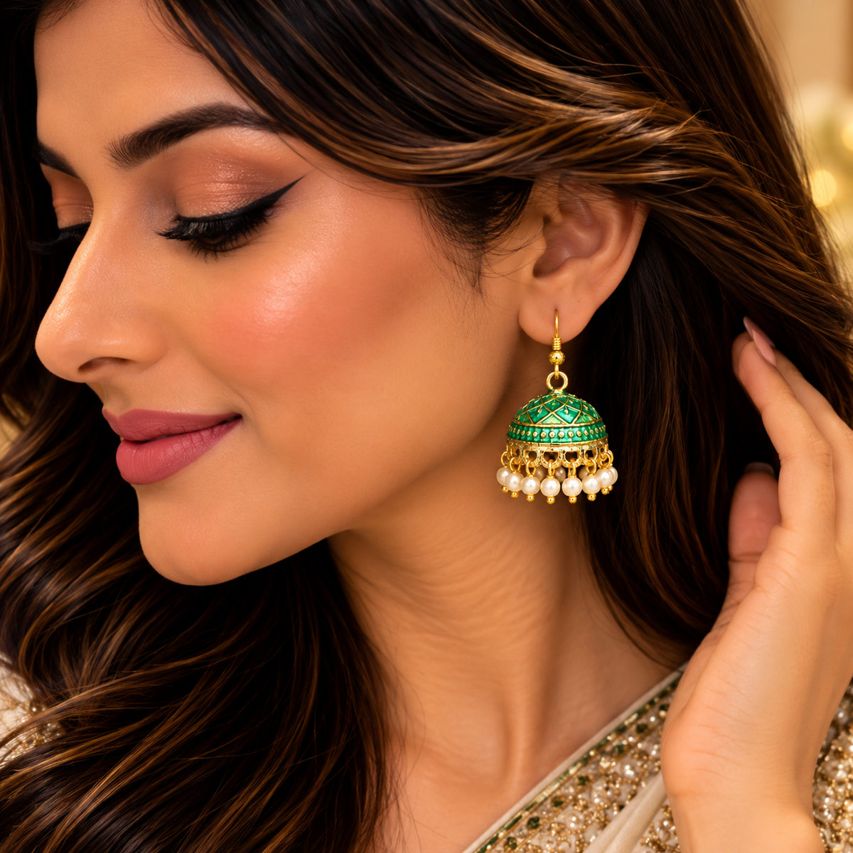 Green Meenakari Pearl Jhumka Earrings