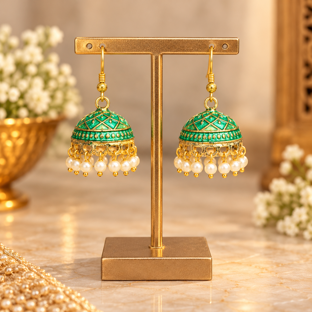 Green Meenakari Pearl Jhumka Earrings