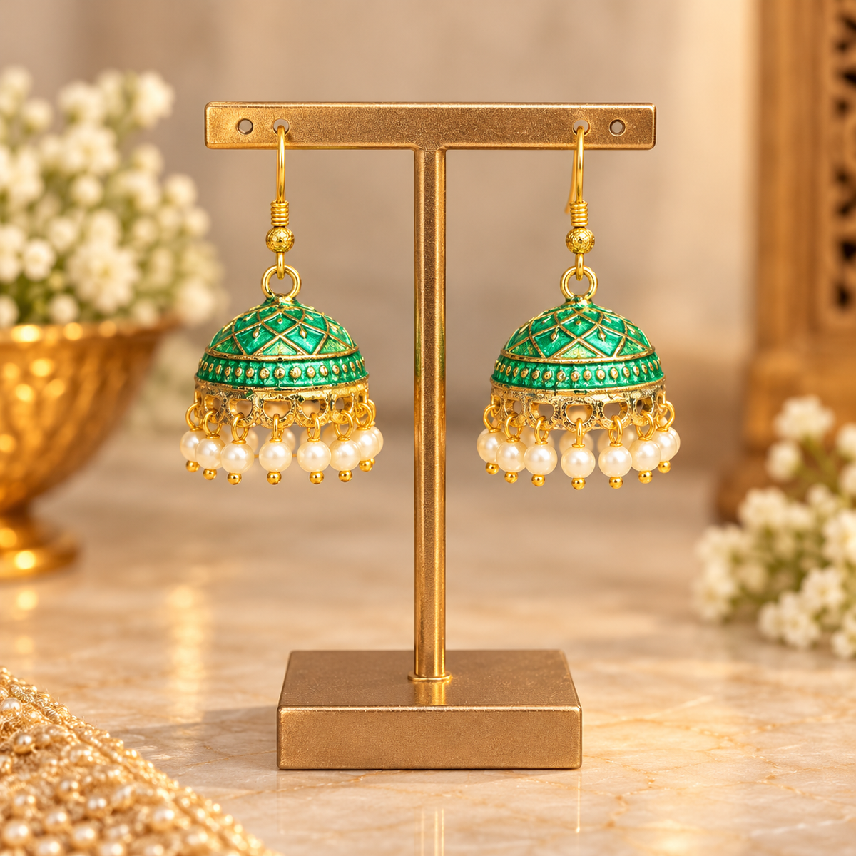 Green Meenakari Pearl Jhumka Earrings