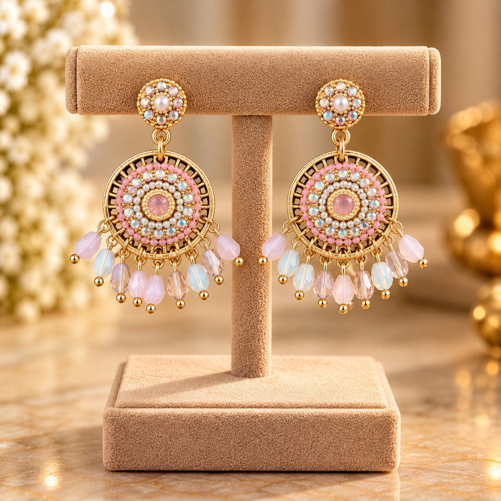 Pastel Pink Beaded Chandbali Drop Earrings