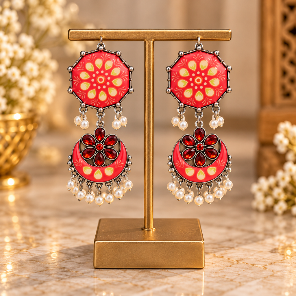 Hand-Painted Red Meenakari Chandbali Earrings