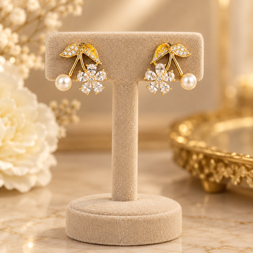 Pearl & Crystal Cherry Blossom Drop Earrings