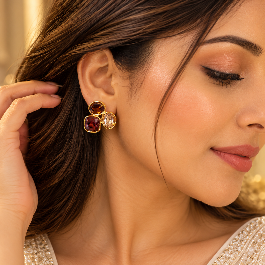 Amber & Garnet Crystal Cluster Stud Earrings