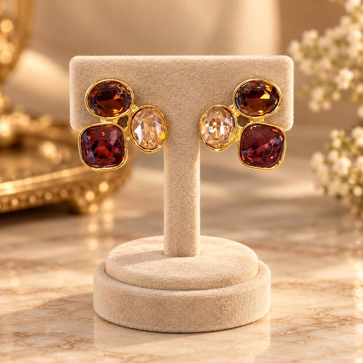 Amber & Garnet Crystal Cluster Stud Earrings