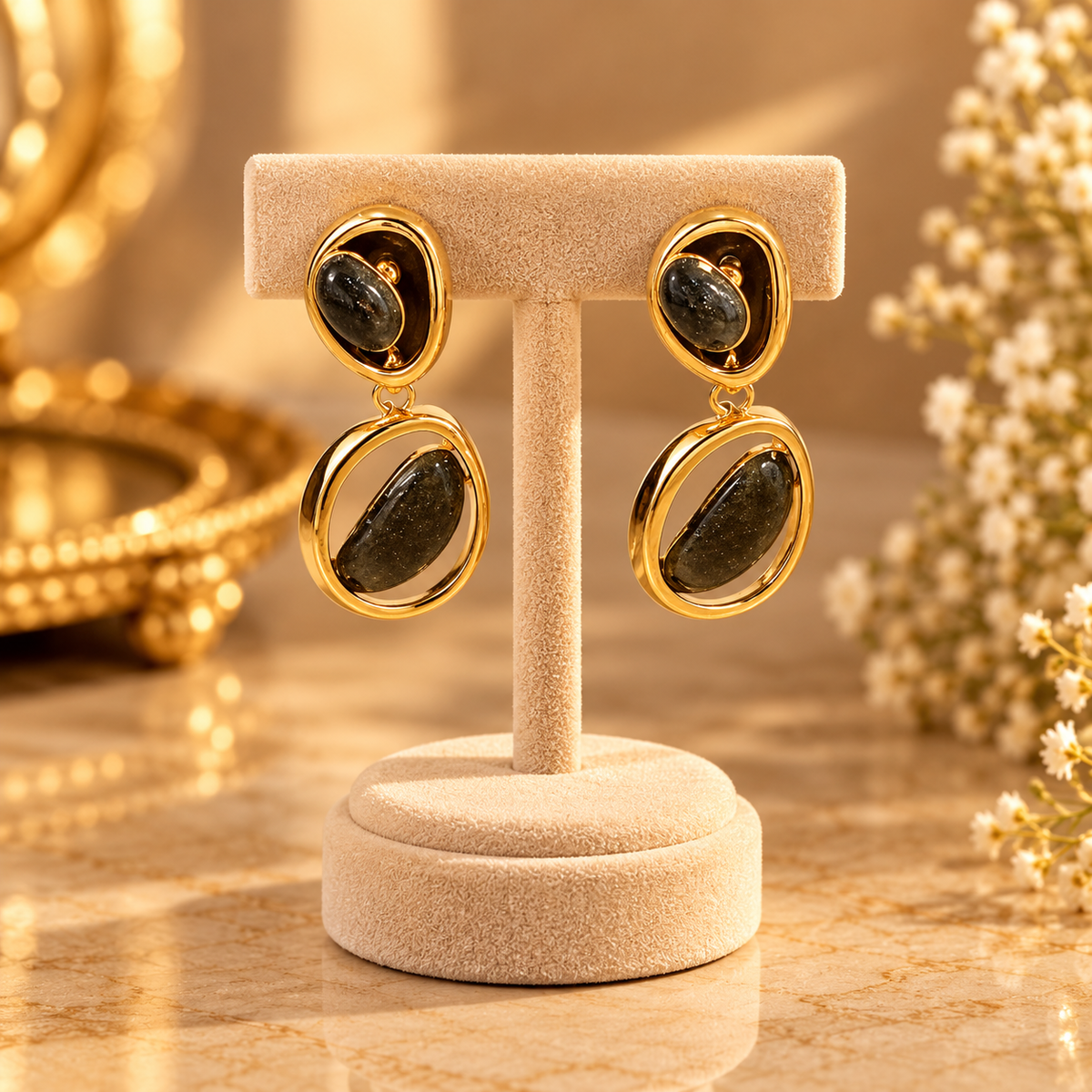 Gold Geometric Double-Circle Black Stone Drop Earrings