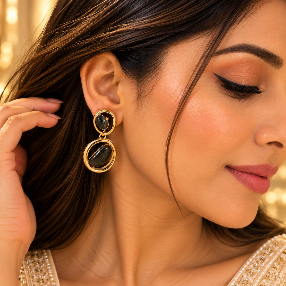 Gold Geometric Double-Circle Black Stone Drop Earrings