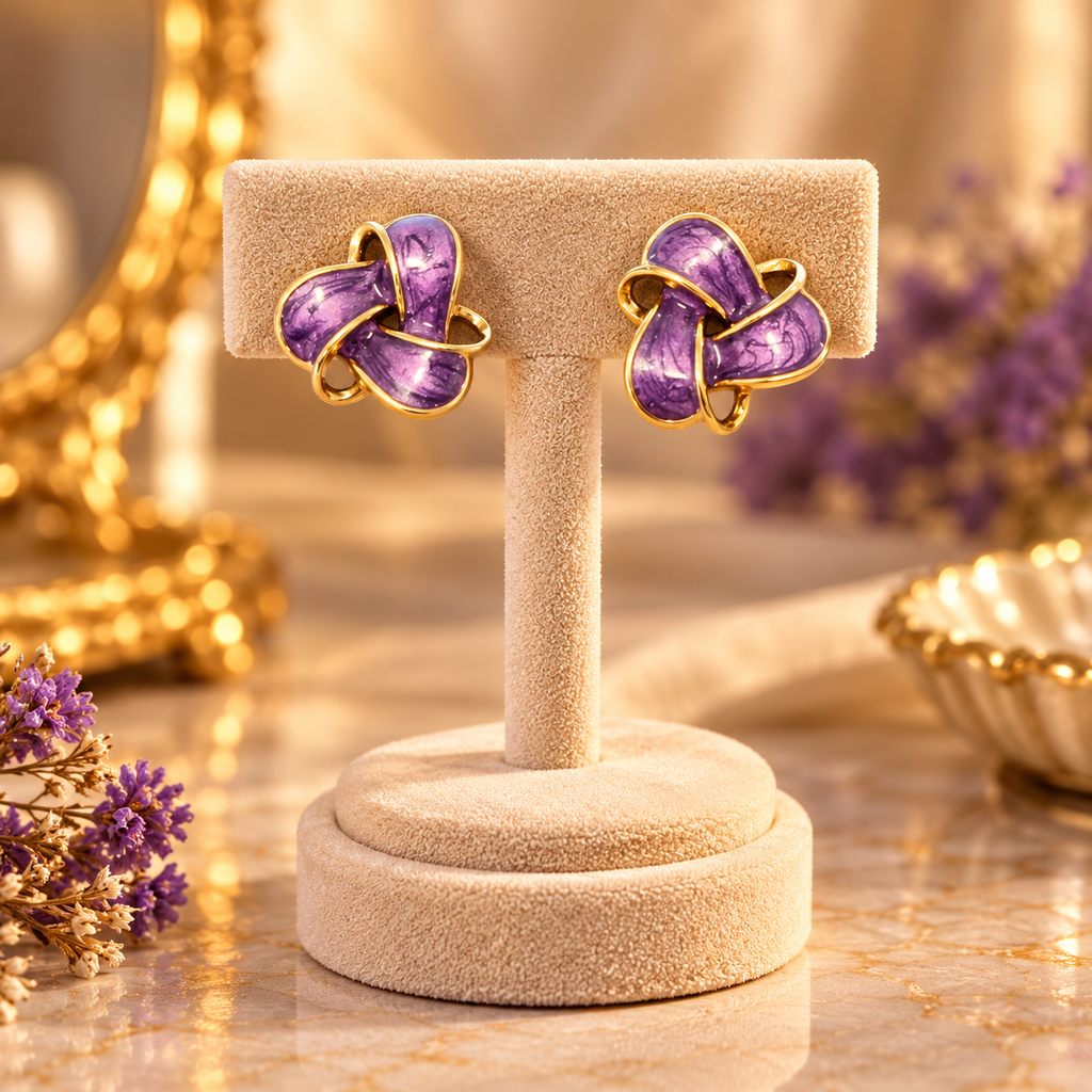 Royal Purple Enamel Floral Stud Earrings