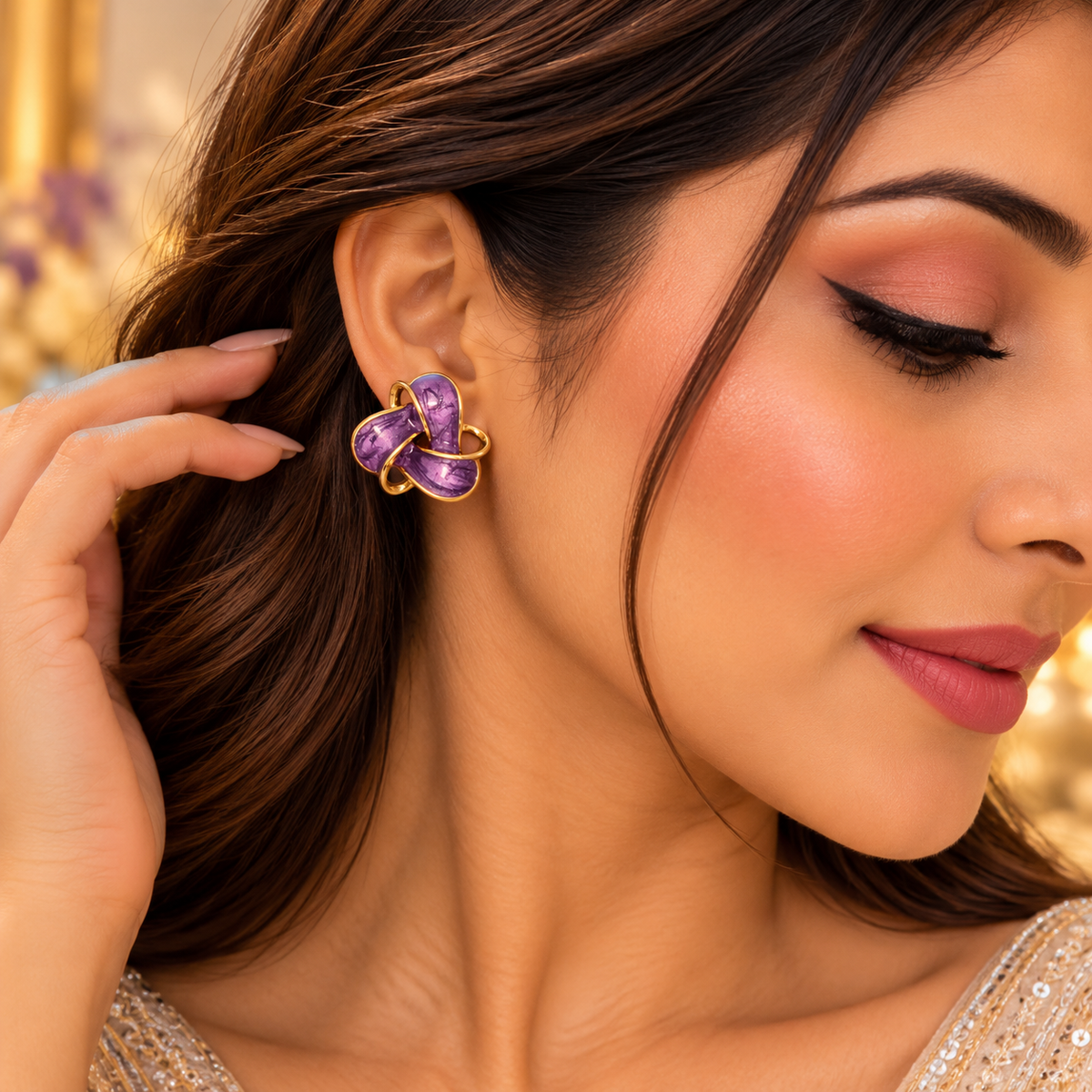 Royal Purple Enamel Floral Stud Earrings