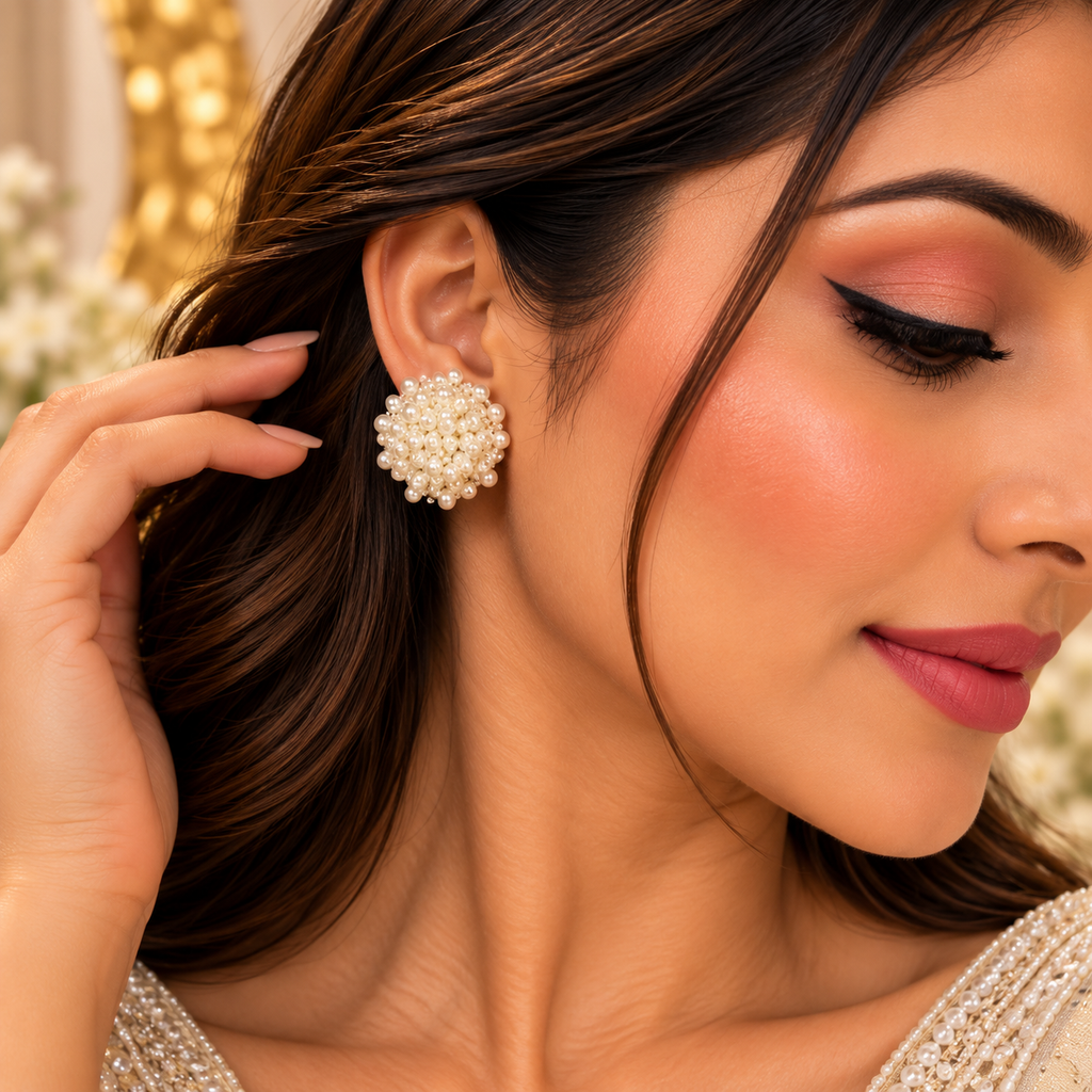 White Pearl Dome Cluster Button Stud Earrings