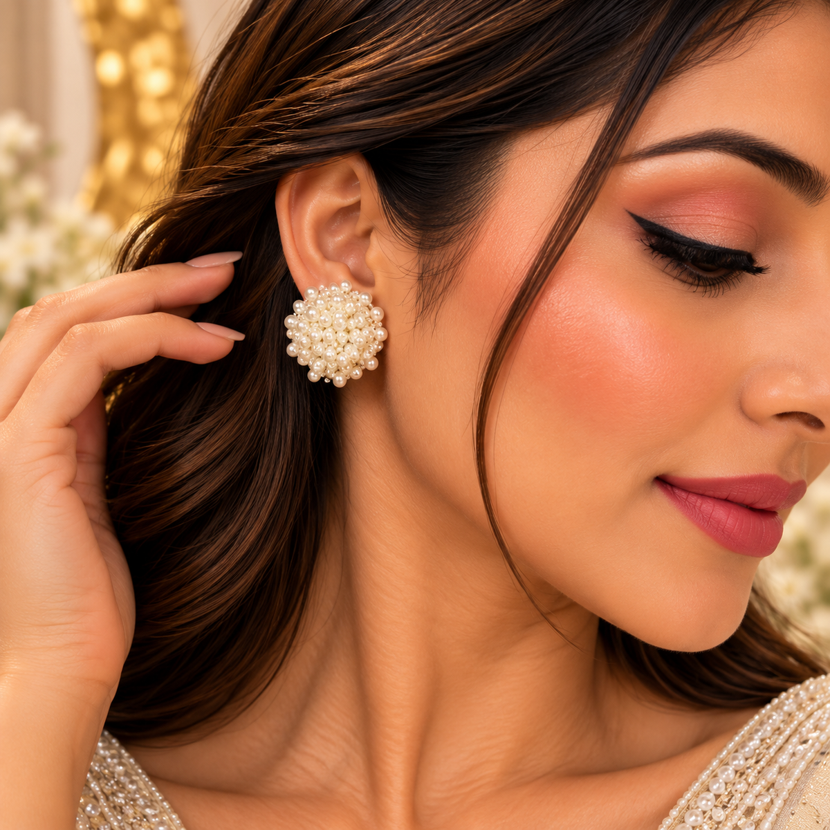 White Pearl Dome Cluster Button Stud Earrings