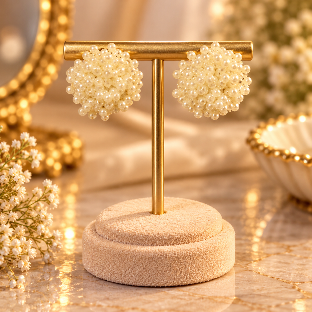 White Pearl Dome Cluster Button Stud Earrings