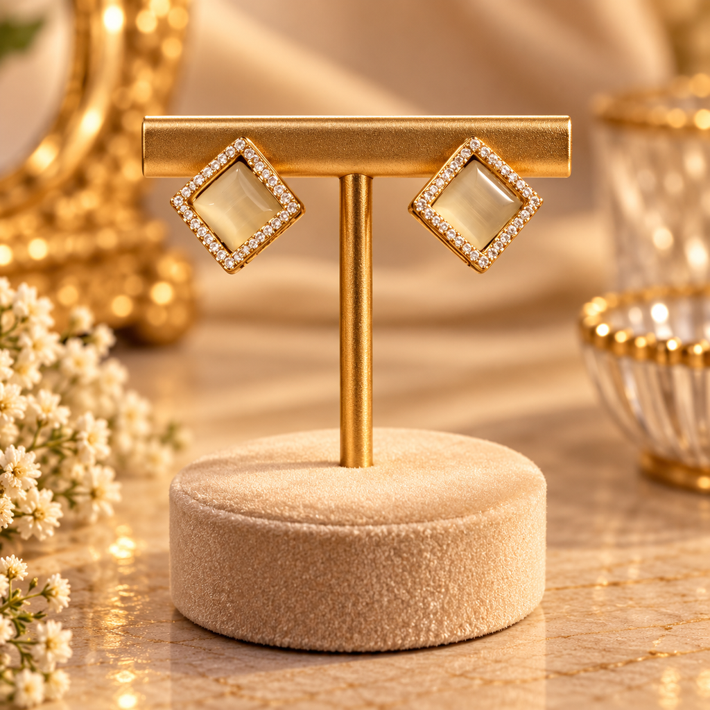 Ivory Moonstone Geometric Rhombus Halo Stud Earrings