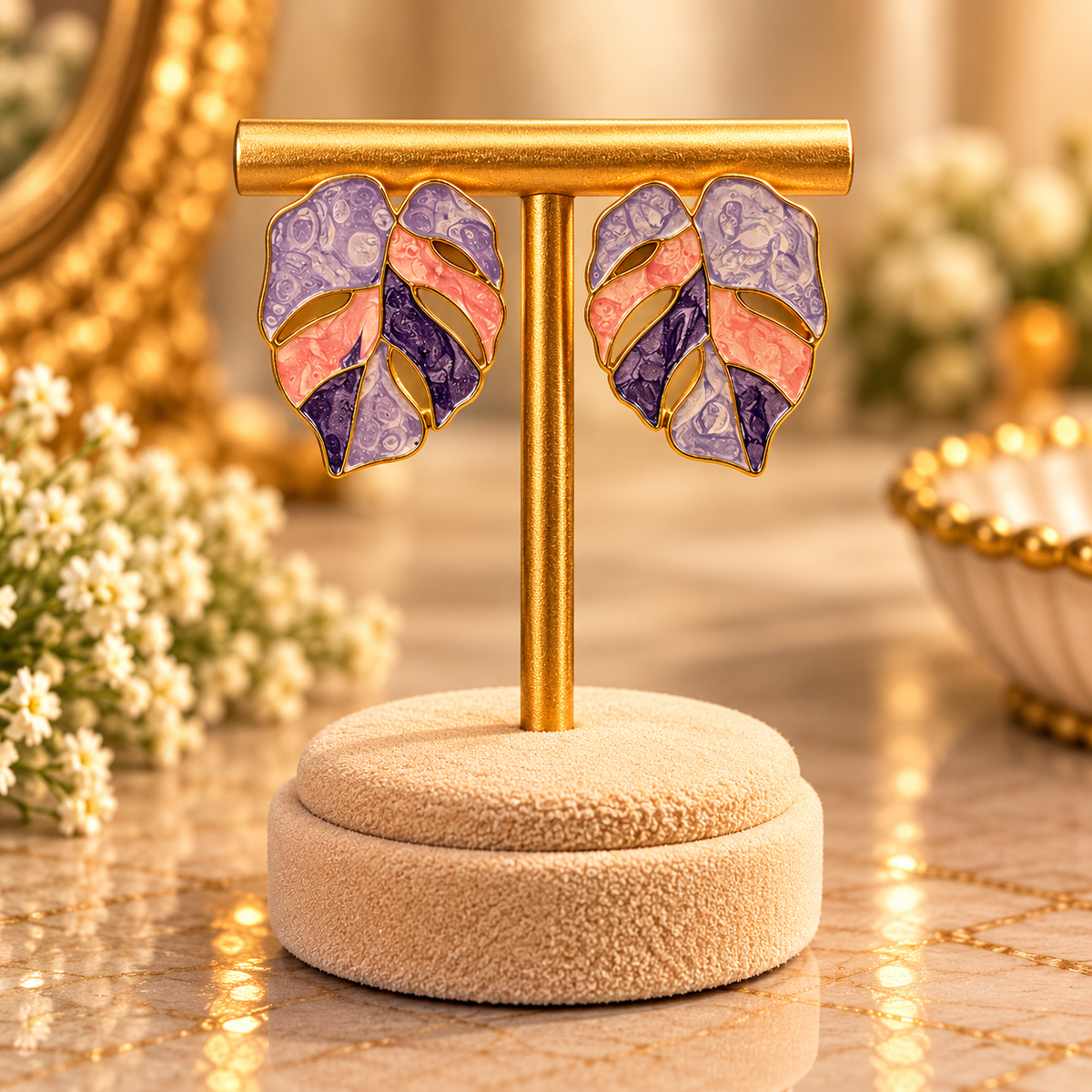 Pastel Lavender & Coral Monstera Leaf Enamel Stud Earrings