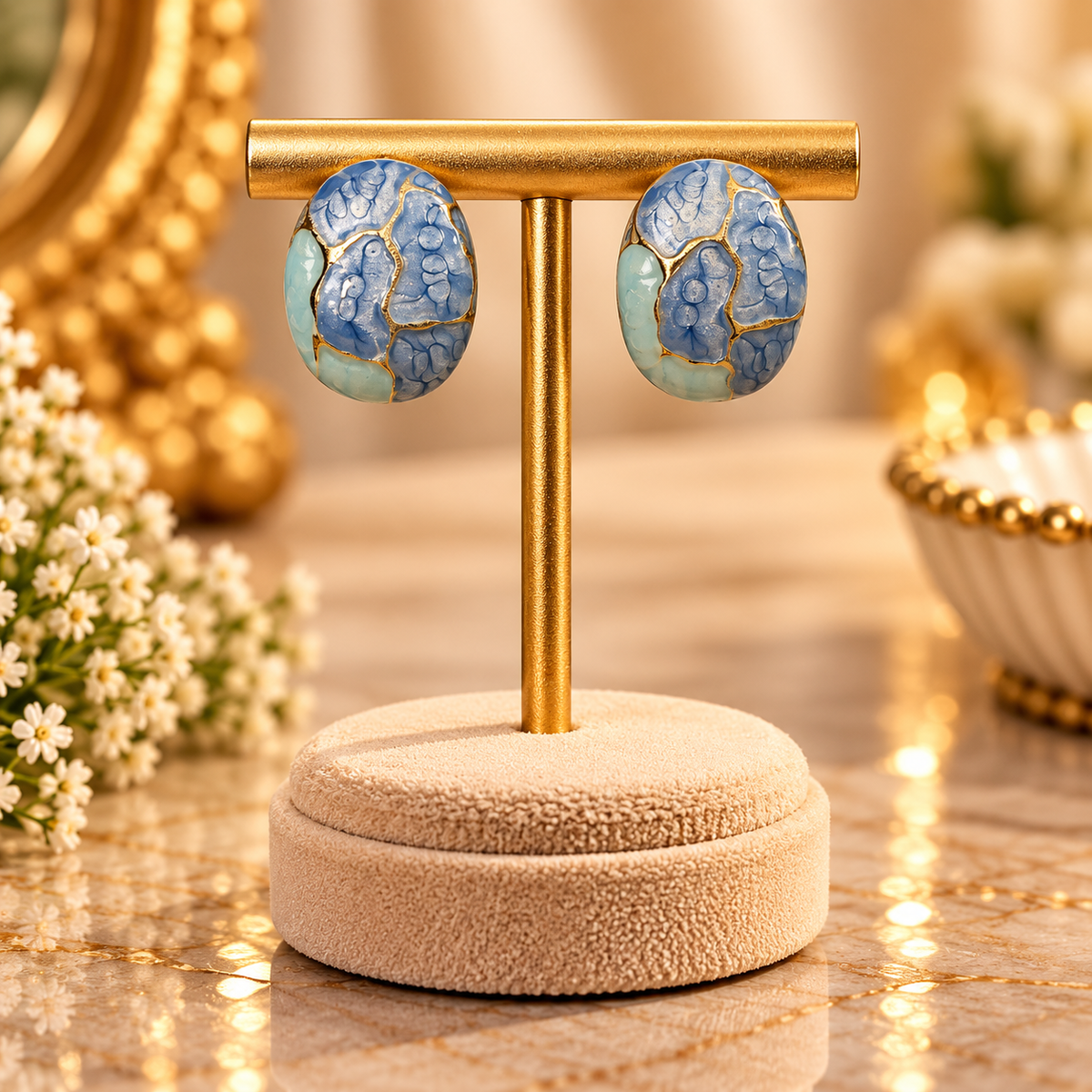 Sky Blue Cloisonné Enamel Egg Stud Earrings