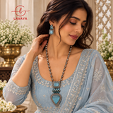 Antique Oxidized Textured Fluted Bead Long Chain Haar with Pastel Blue Teardrop Pendant & Matching Drop Earrings for Women