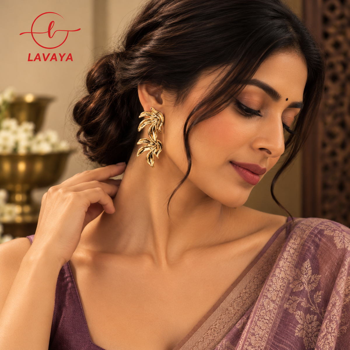 Articulated Curved Banana Leaf Statement Earrings in Ultra-Polished Gold Plating