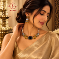 Dual-Tone Peacock Motif Choker Necklace Set with Black Stone & Matching Jhumkas