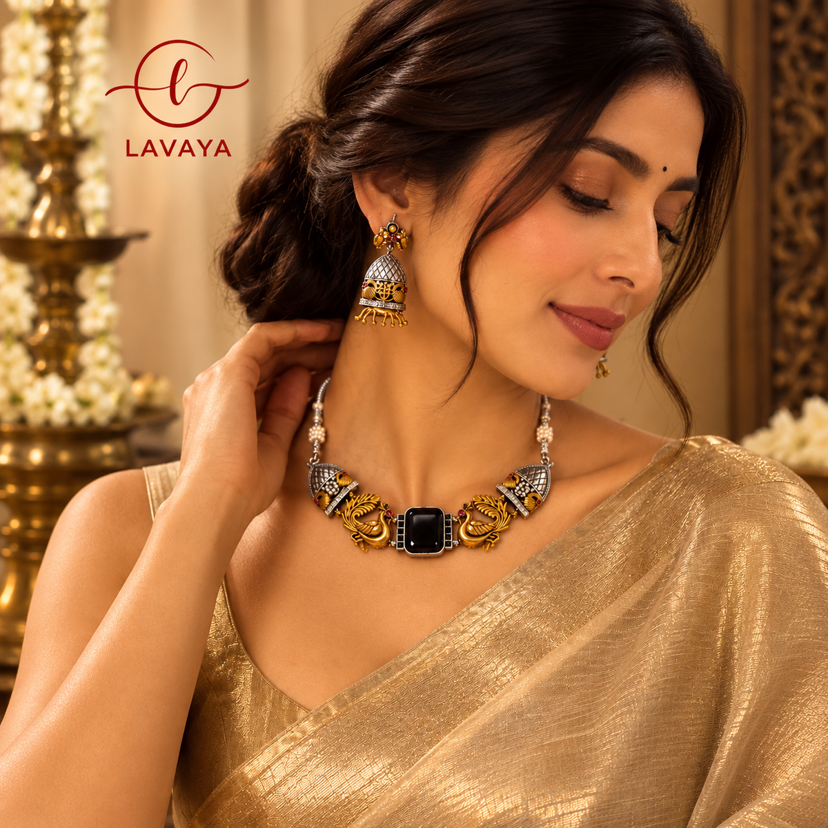 Dual-Tone Peacock Motif Choker Necklace Set with Black Stone & Matching Jhumkas