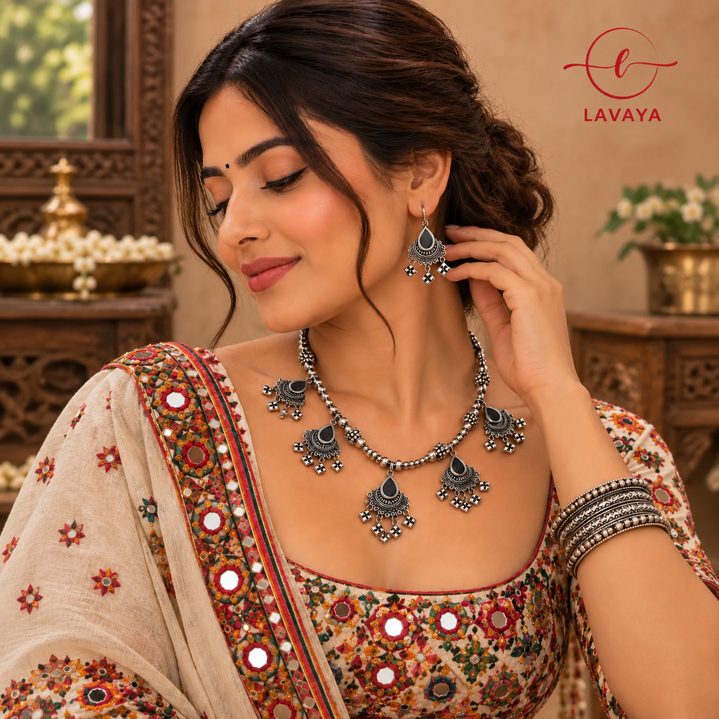 Lavaya Noor Teardrop Afghan Mirror Choker Necklace with Diamond Charms