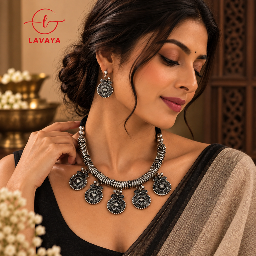 Lavaya Tribal Torc-Inspired Oxidized Silver Collar Necklace with Sunburst Medallions & Drop Earrings