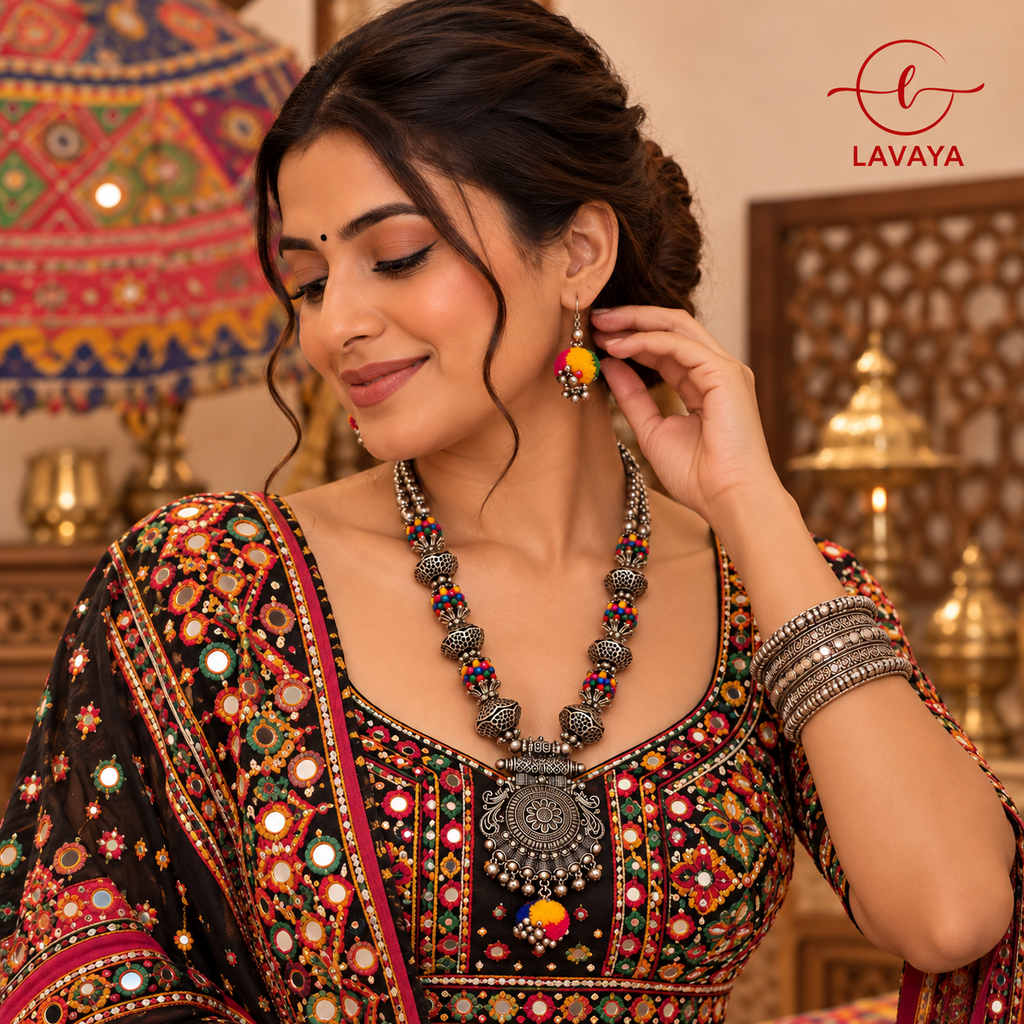 Lavaya Festive Banjara Multicolor Beaded & Pom-Pom Haar with Mandala Medallion & Matching Drop Earrings