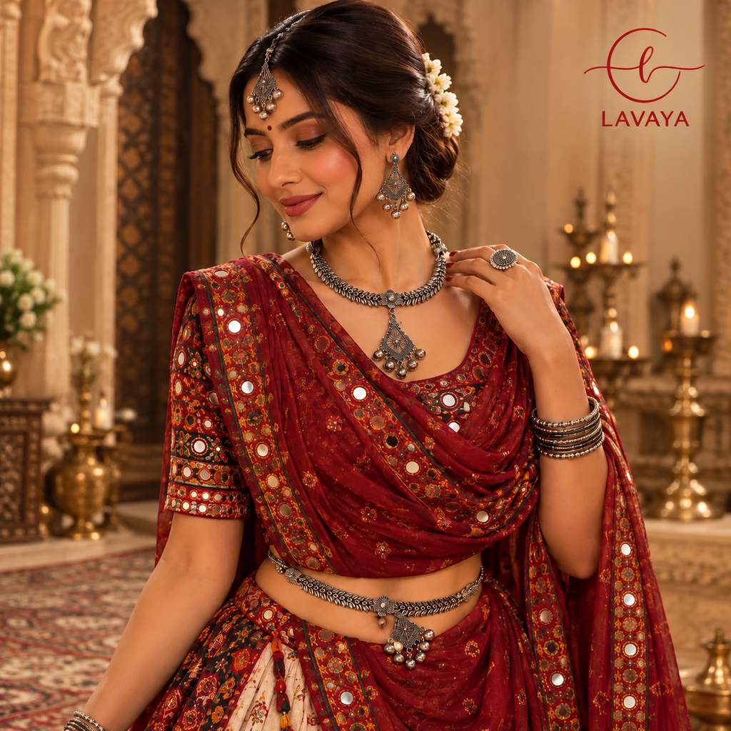 Lavaya Complete Bridal Heritage Chevron Oxidized Silver Jewellery Set with Choker, Kamarbandh, Earrings & Maang Tikka