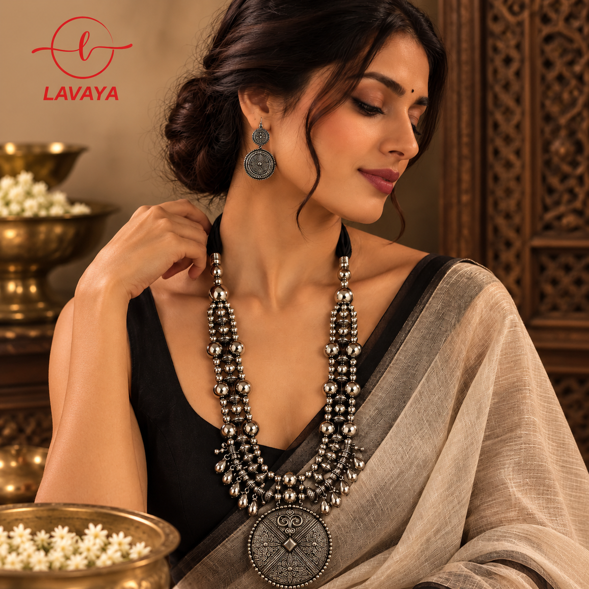 Lavaya Tribal Multi-Strand Silver Bead Rani Haar with Statement Mandala Medallion & Drop Earrings