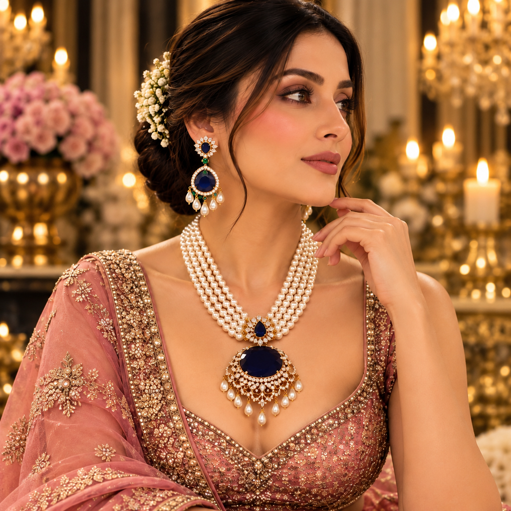 Lavaya Royal Midnight Blue Pearl Layered Necklace Set with Statement Kundan Pendant & Matching Drop Earrings