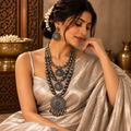 Lavaya Multi-Layered Oxidized Silver Rani Haar Set with Sunburst Medallions & Matching Drop Earrings