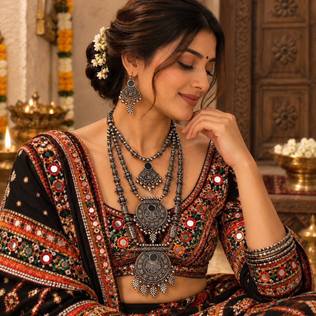 Lavaya The Navratri Noor: Handcrafted 3-Tier Mirror Rani Haar & Chandelier Earrings