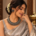 Lavaya Royal Heritage Broad Oxidized Silver Choker Set with Floral Studs & Statement Ring
