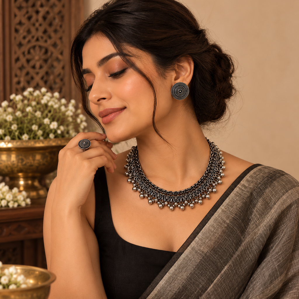 Lavaya Tribal Hasli-Inspired Oxidized Silver Collar Necklace Set with Matching Studs & Ring