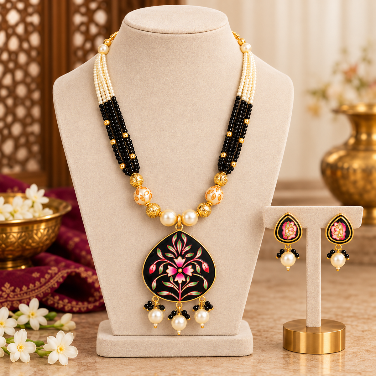 Royal Black Floral Meenakari Pendant Necklace Set with Pearl & Black Beads