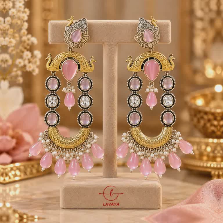 Lavaya Royal Blush Pink Peacock Chandbali Earrings with Pearl & Pink Bead Drops